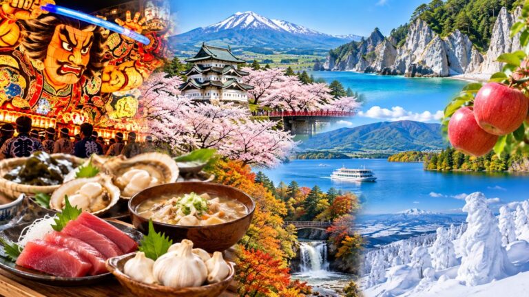 青森県の風景・名産のイメージ（ねぶた、弘前城の桜、りんごなど）