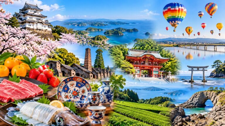 佐賀県の風景・名産のイメージ（唐津城、伊万里焼、熱気球など）