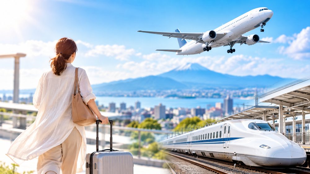 新幹線や飛行機で全国へ出張するイメージ